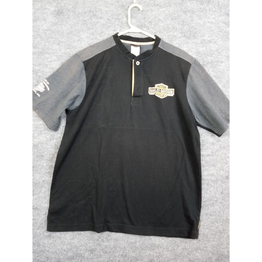 Harley Davidson Cycles Milwaukee USA Henley Shirt Men's L Large Black‎ Gray